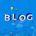 Flat design concept small people working typography word Ã¢â¬ÅBLOGÃ¢â¬Â. Vector illustrate..